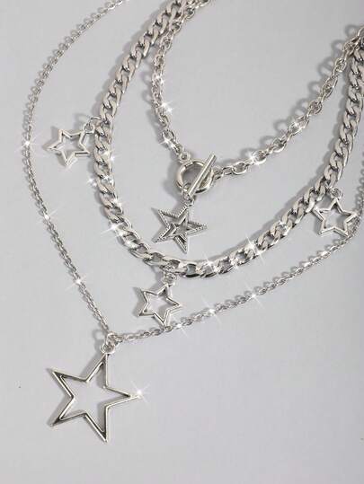 ROMWE Goth 2 件朋克复古风格水钻星形吊坠项链，奢华冰晶双层星形链项链，街头风格颈链