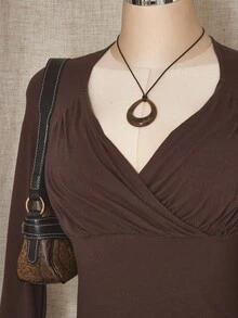 SHEIN ICON 女式加大码秋冬植物系列甜心领褶饰棕色长袖 T 恤 - 棕色 - 查看 10