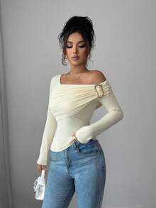 SHEIN Elenzya 女士奶油黄色 T 恤，新款秋冬不对称露肩套头衫，带金属纽扣，百搭通勤风格，适合万圣节、情人节、新年、婚礼、派对、约会、休闲外出 - 黃色 - 查看 6