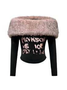 Resyla Off Shoulder Fuzzy Collar Letter Print T-Shirt - Black - View 3