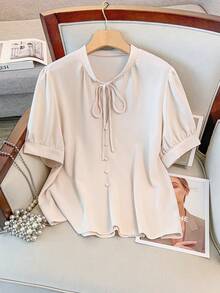 Vionelle Plus Tie Neck Puff Sleeve Blouse