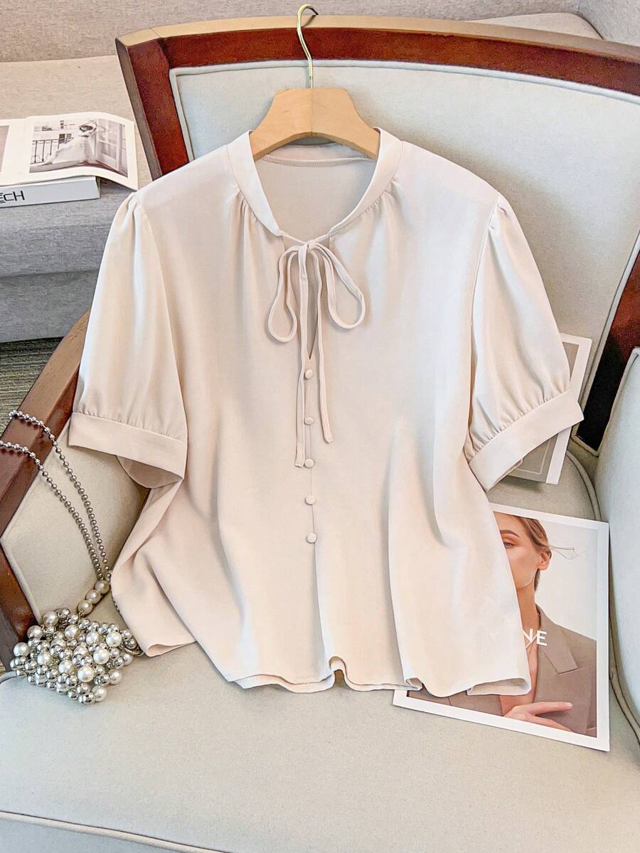 Vionelle Plus Tie Neck Puff Sleeve Blouse