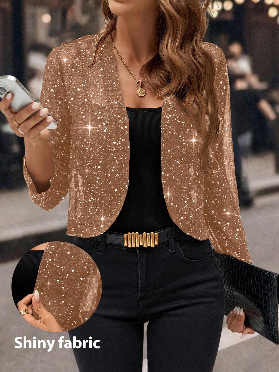 Editum Women's Sparkle Sequin Blazer, 3/4 Sleeve Open Front Cropped Jacket,Business Casual Woman In Fall/Winter
