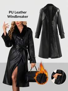 Ellevyn Women's Classic PU Leather Long Trench Coat With Faux Fur Collar, Autumn  Winter Clothes For Women   Fall Clothes For Women   Plush Autumn And Winter Cotton-Padded Jacket With Long Insulation - Black - View 5
