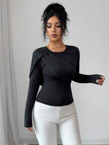 Rafferiza Women's Solid Color Round Neck Long Sleeve Ruched Fitted Fashion T-Shirt Long Sleeve Black Top Women Long Sleeve Tops Black Sexy Tops Full Sleeve Tops - Black - View 5