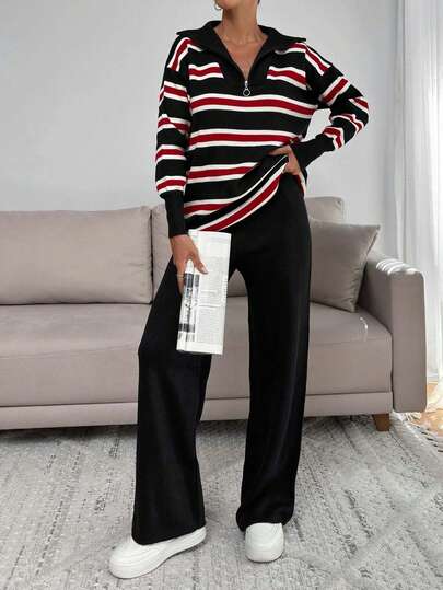 EURMUSE Woman Striped Zipper Neck Fall Winter Warm And Cozy Casual Style Sweater Co-Ords