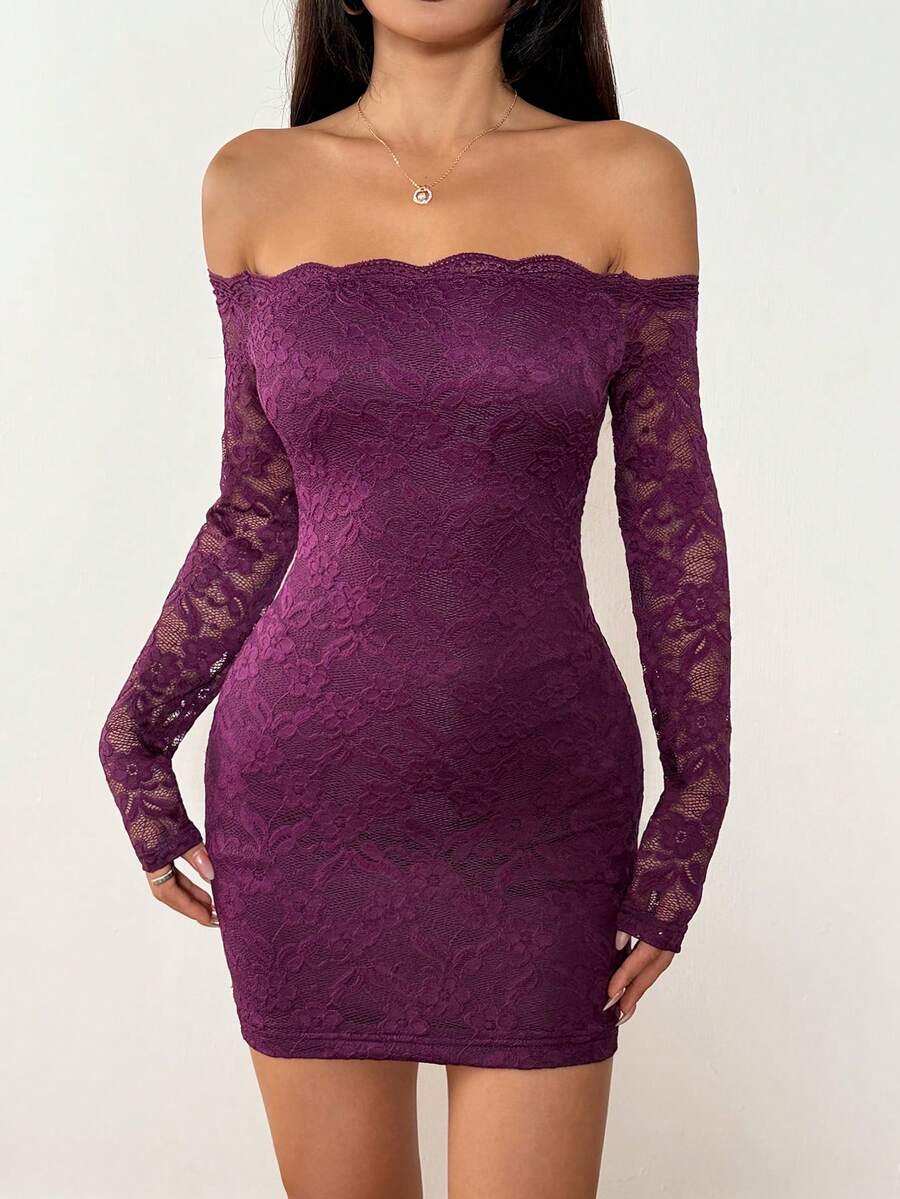 SHEIN PETITE Váy ngắn hở vai tay dài phối ren chắp vá dành cho nữ, Đầm mùa hè Quần áo mùa xuân - Màu tím - Xem 1