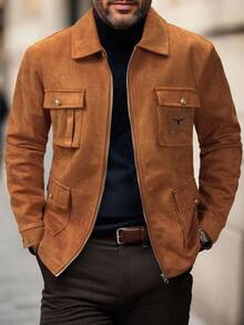 Manfinity Homme 男士长袖休闲多口袋拉链保暖内衬棕色夹克，秋冬款 - 卡其色 - 查看 6