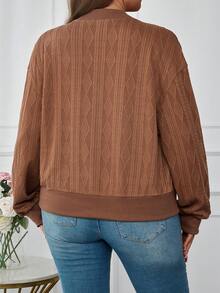 EMERY ROSE Chaqueta de béisbol casual con cremallera delantera, hombros caídos y textura geométrica para mujer de talla grande - Marrón - Ver 2