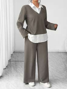 Elenzga 大码女式休闲二合一卷袖上衣和阔腿裤宽松套装 - 鵝黃色 - 查看 6