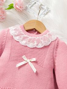 SHEIN Bộ 2 món áo len tay raglan phối ren hồng dễ thương cho bé gái sơ sinh, mềm mại và thoải mái, thích hợp mặc hàng ngày, đi chơi, du lịch, nghỉ mát, ở nhà, nhà trẻ, mùa thu/đông, giáng sinh, đi học, tiệc tùng, đa năng - Hồng - Xem 8