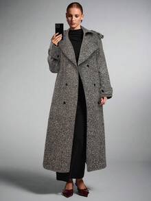 SHEIN BAE 大翻领花纹双排扣长款大衣，长款大衣女，风衣女，羊毛大衣女，粗斜纹羊毛大衣，秋冬优雅休闲外套 - 棕色 - 查看 4