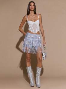 SHEIN BAE 女士时尚性感亮片流苏迷你裙，夏季 - 銀色 - 查看 3