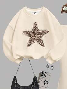 Conjunto de 2 piezas de sudadera de cuello redondo gruesa y suave, holgada, y pantalones acampanados gruesos, en color beige crema con estampado retro de leopardo y estrella, adecuado para otoño/invierno, estilo diario, campus, hogar, temporada cálida, ropa de otoño e invierno, fácil comodidad, capas de otoño e invierno para niñas, ropa gráfica de estrella para niños, nueva moda de otoño, estilo casual - Multicolor - Ver 5
