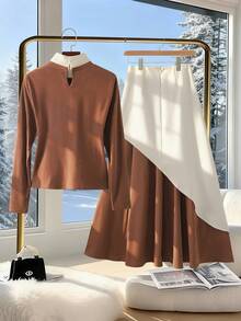 GlowEve 女士秋冬新款休闲独特时尚针织毛衣上衣和裙子两件套 - 卡其色 - 查看 2