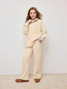 Tween Girls Casual Everyday Commute Simple Solid Color Ribbed Drop Shoulder Loose Half Zip Collared Hoodie And Straight Leg Sweatpants Set, Autumn - Khaki - View 1