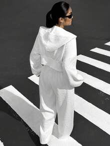 SHEIN EZwear Plus Size 2pcs Set: Casual Sports Letter Embossed Zip-Up Hoodie And Pants, Autumn/Winter