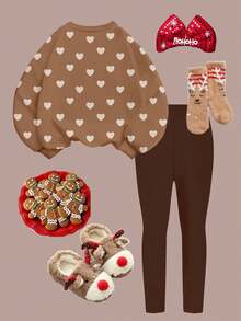 Cute Heart Print Tween Girl Casual Soft Thick Warm Crew Neck Long Sleeve Sweatshirt And Leggings Set, Suitable For Autumn/Winter Everyday And Holiday Wear