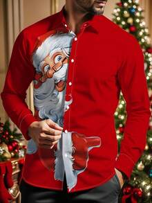 Manfinity Homme Herren Feiertagsthema Santa Muster Langarmhemd, festliche Saison formales Knopfdesign Oberteil, lustiges Cartoon-Muster Slim Fit Hemd, Party-Versammlungs-Essenzial Festivalgegenstand, modisches lässiges Santa Claus Muster Langarmhemd, Weihnachten - Verschiedenfarbig - Übersicht 2
