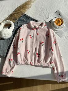 SHEIN 1pc Girls Heart Print Zip-Up Collar Fuzzy Jacket, Casual Outerwear For Autumn/Winter - Pink - View 4