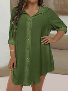 EMERY ROSE Plus Size Women's Solid Color Long Sleeve Single-Breasted Casual Loose Long Shirt - Army Green - View 4