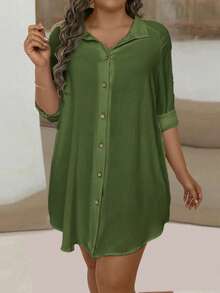 EMERY ROSE Plus Size Women's Solid Color Long Sleeve Single-Breasted Casual Loose Long Shirt - Army Green - View 5