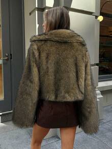 Aloruh 女式复古时尚前开仿毛领夹克，冬季外套 - 卡其色 - 查看 2
