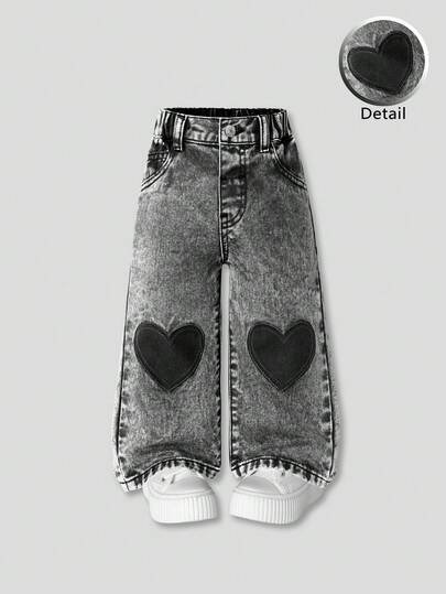 SHEIN ChillGRL 女童休闲直筒阔腿绣花爱心别致简约2025新款水洗牛仔裤，多口袋，适合日常穿着