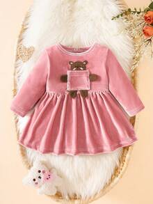 SHEIN Newborn Baby Pink Dress With 3D Bear Pocket, Sweet & Cute Style, Winter Fall - Pink - View 3