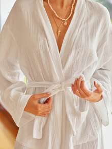 SHEIN 舒适双层棉质网眼女士浴袍、家居服 - 白色 - 查看 7