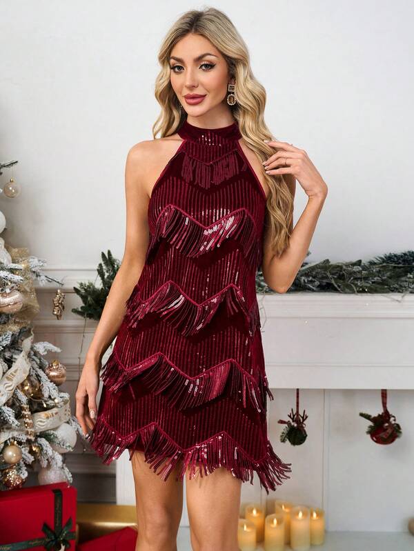 Gownix Tassel Sequin Halter Bodycon Mini Dress, Elegant & Fashionable For Parties, Christmas  Elegant Red Christmas Dress  Christmas Outfit For Women  New Year Women Elegant Dresses For Party