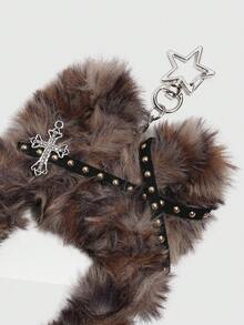 ROMWE Kawaii 1 件可爱豹纹毛绒猫钥匙扣、朋克铆钉装饰卡夹、Y2K 偶像 3 英寸卡片装饰包饰 - 棕色 - 查看 6