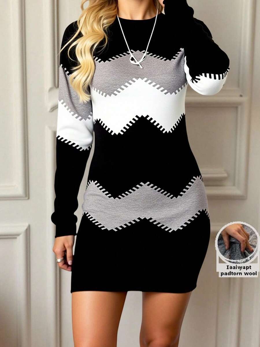 EMERY ROSE Color Block Long Sleeve Fitted Dress, Autumn Fall Cloth For Women - Multicolor - View 1