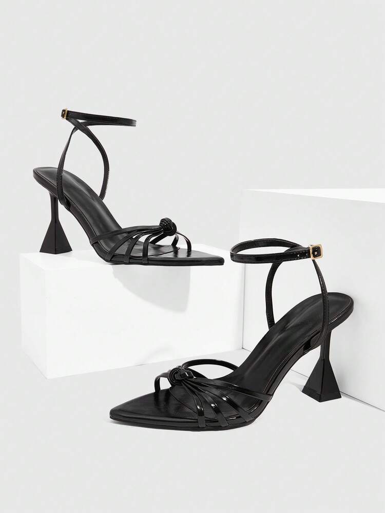 CUCCOO SZL Black Patent PU Thin Strap Buckle Ankle Strap Fashionable Sexy Pointed Toe Chunky Heel Painted High Heel Sandals