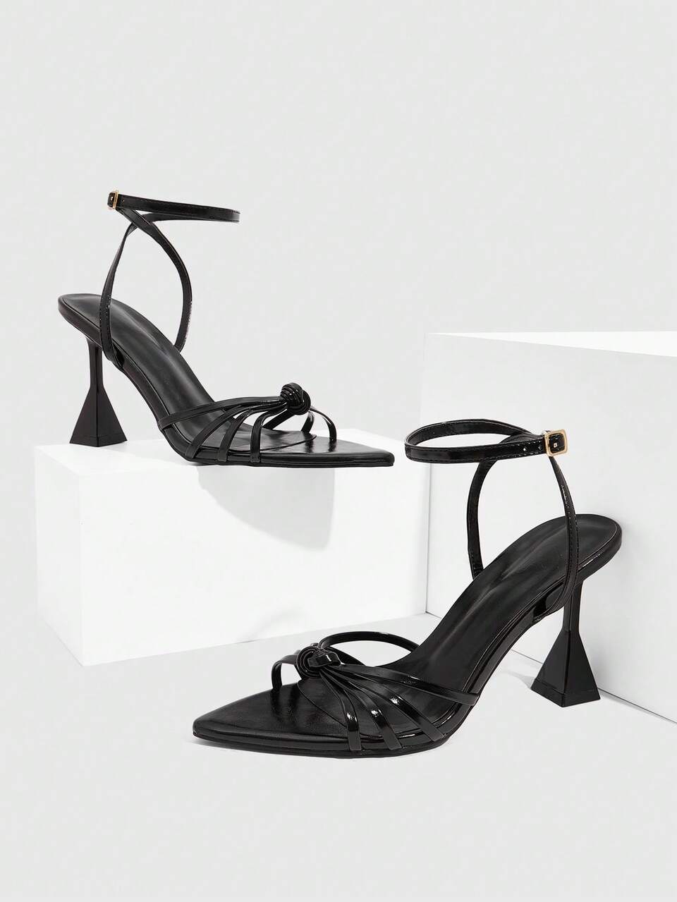 CUCCOO SZL Black Patent PU Thin Strap Buckle Ankle Strap Fashionable Sexy Pointed Toe Chunky Heel Painted High Heel Sandals