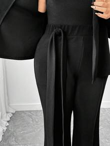 Elenzga Damen elegantes Set mit V-Ausschnitt Langarmoberteil mit Bindegürtel und weiter Hose, 2-teilig - Schwarz - Übersicht 3