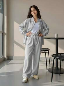 青少年女孩三件套，街头酷炫条纹长袖衬衫、裤子和吊带背心，适合春季和秋季 - 黑與白 - 查看 10