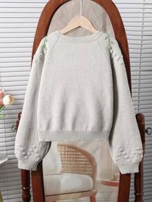 Girls' Countryside Handmade Embroidery Cute Crew Neck Long Sleeve Knit Sweater Top, Autumn/Winter - Grey - View 2