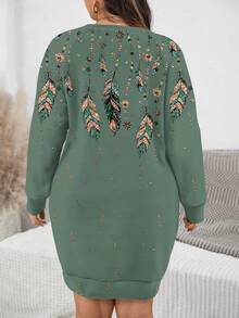 EMERY ROSE Vintage Gold Feather Print Casual Minimalist Plus Size Sweatshirt, Suitable For Party, Autumn/Winter - Multicolor - View 2