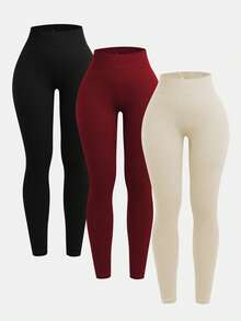 SHEIN 3 paquetes de leggings sin costuras acanalados para niñas preadolescentes - Pantalones de yoga de control de barriga de cintura alta sin transparencia para entrenamiento, atletismo, running, ciclismo, yoga, pickleball, ejercicio y uso casual - Multicolor - Ver 1