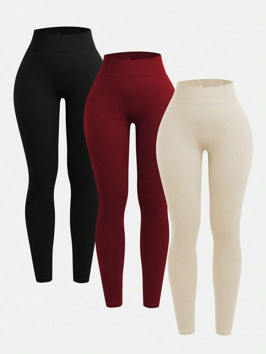 SHEIN 3 paquetes de leggings sin costuras acanalados para niñas preadolescentes - Pantalones de yoga de control de barriga de cintura alta sin transparencia para entrenamiento, atletismo, running, ciclismo, yoga, pickleball, ejercicio y uso casual - Multicolor - Ver 1