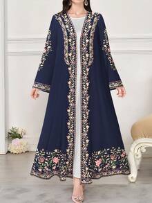 SHEIN Najma Women's Floral & Plant Digital Print Long Sleeve Casual Arabic Abaya, Spring/Autumn - Multicolor - View 1