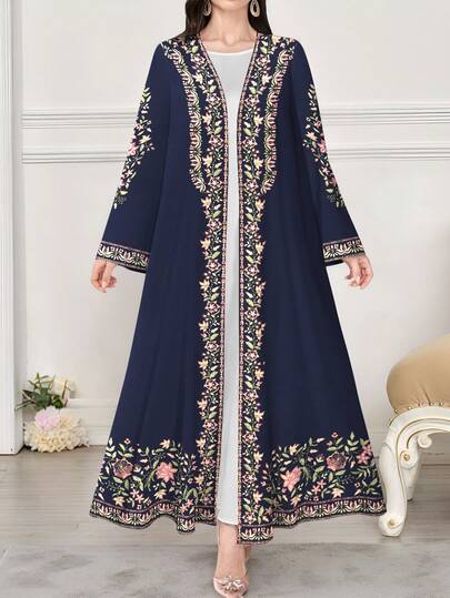 SHEIN Najma Women's Floral & Plant Digital Print Long Sleeve Casual Arabic Abaya, Spring/Autumn