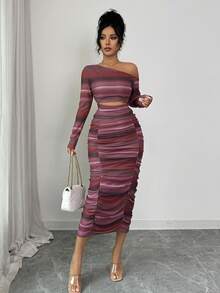 Rafferiza Women's Striped Asymmetric-Shoulder Long Sleeve Cropped Top And Pleated Midi Skirt Fitted 2 Pieces Set Elegant Midi Dress Sexy Curve Dress Slay Diva Dress - Multicolor - View 5