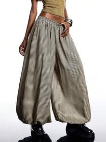 LYSMO 2025新款极简主义秋冬女装棕色格子弹力腰宽松时尚灯笼裤哈伦裤阔腿裤超大码裤格纹裤冬季女装时尚系列新年感恩节圣诞节 - 卡其色 - 查看 5