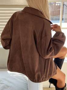 Livesso 女士休闲宽松麂皮夹克，立领，适合秋冬春 - 棕色 - 查看 5