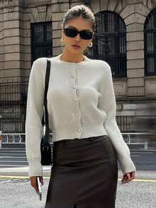 DAZY Áo khoác len cardigan màu trơn trang trí sequin lấp lánh, phong cách thanh lịch thường ngày khi đi làm dành cho nữ, mùa thu/đông, Giáng sinh - Màu be - Xem 6