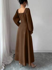 Elenzga Robe longue élégante pour femmes avec encolure carrée, manches bouffantes et taille cintrée. Convient pour les déplacements quotidiens - Marron fonçé - Voir 2