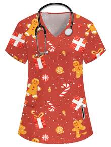 PopScrub 圣诞节 V 领短袖双口袋可爱姜饼人、圣诞装饰元素、雪花、圣诞礼盒、拐杖糖卡通印花设计护士/医生工作制服上衣/检查手术制服/女士纯色宠物美容工作制服上衣/营养师工作制服短袖/多口袋功能实验室工作制服 - 玫紅色 - 查看 1