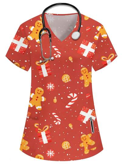 PopScrub Jul V-ringad kortärmad dubbla fickor söt pepparkaksgubbe, juldekorationer, snöflinga, julklappsask, polkagrisstång tecknad tryckdesign sjuksköterska/läkare arbetsuniform topp/undersökning kirurgisk uniform/dam enfärgad husdjursskötsel arbetsuniform topp/nutritionist arbetsuniform kortärmad/flerfickor funktionell labb arbetsuniform